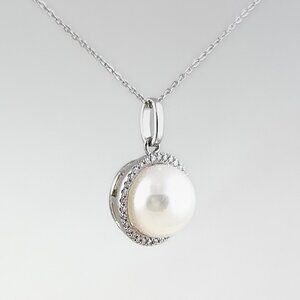 NEW 14k White Gold Pearl Necklace Diamond Halo Pendant Chain